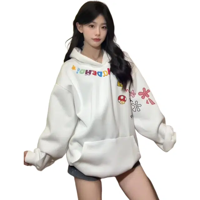 地界二 涂鸦印花白色连帽卡通卫衣 男女同款