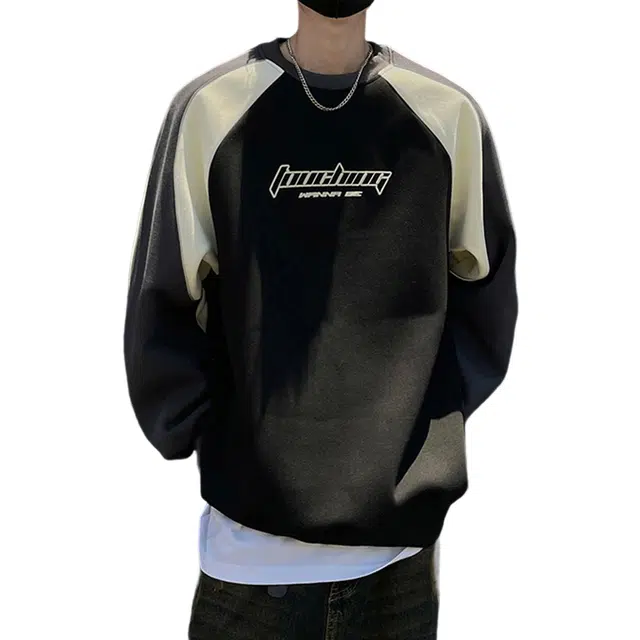 冈哉 美式潮流个性印花撞色拼接设计复古高级感重磅圆领小众插肩套头宽松学生通勤帅气穿搭卫衣 男女同款