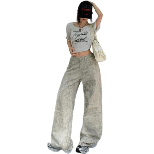 淑好百 宽松阔腿扎染牛仔裤 女款