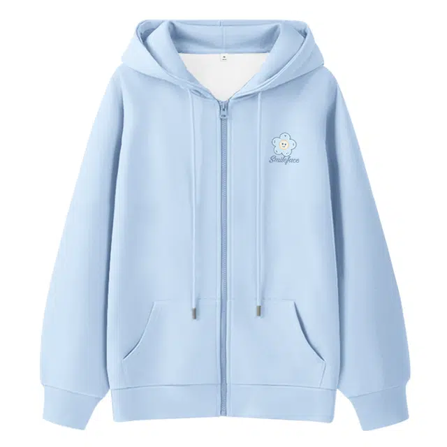 棉致 笑脸小蓝花简约纯色牛奶丝复合抗皱无性别主义宽松落肩休闲卫衣 男女同款