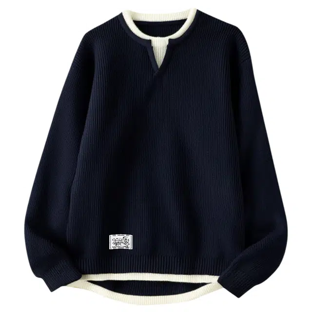 吾皇猫 慵懒风外套美式复古基础款简约百搭高街假两件时尚贴布设计长袖舒适透气学院风休闲套头针织衫 男女同款