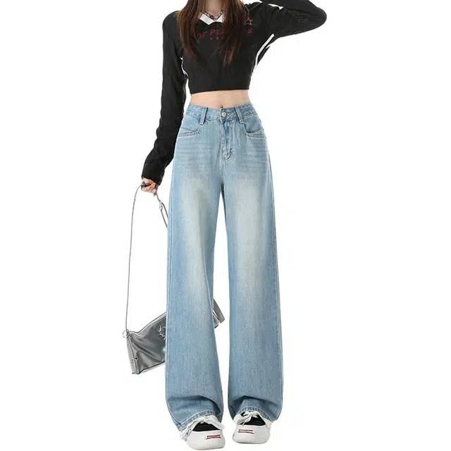 拾籍 美式复古百搭舒适高腰宽松阔腿女显瘦直筒裤拖地裤牛仔裤 女款