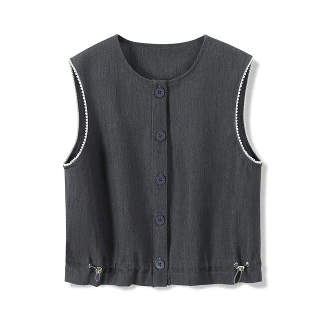 她池 圆领单排扣马夹搭阔腿高腰裤休闲套装 女款