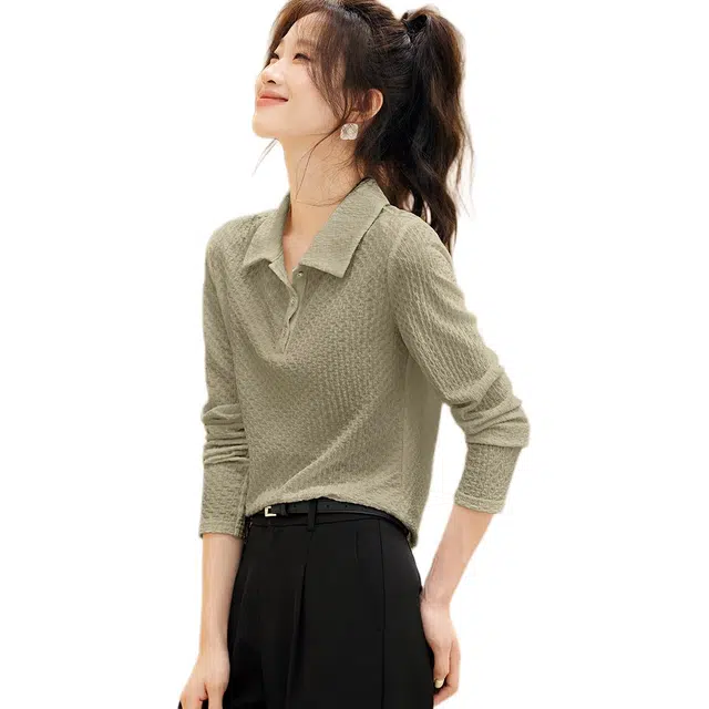 沫晗依美 肌理感针织纯色常规长袖翻领休闲日常便服宽松腰衬衫 女款