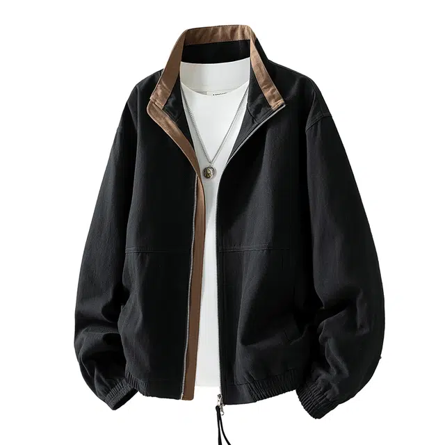 半空山 半空山美式复古高街纯色撞色立领免洗棉水洗猫眼拼接高级设计感潮流时尚百搭宽松舒适夹克 男女同款