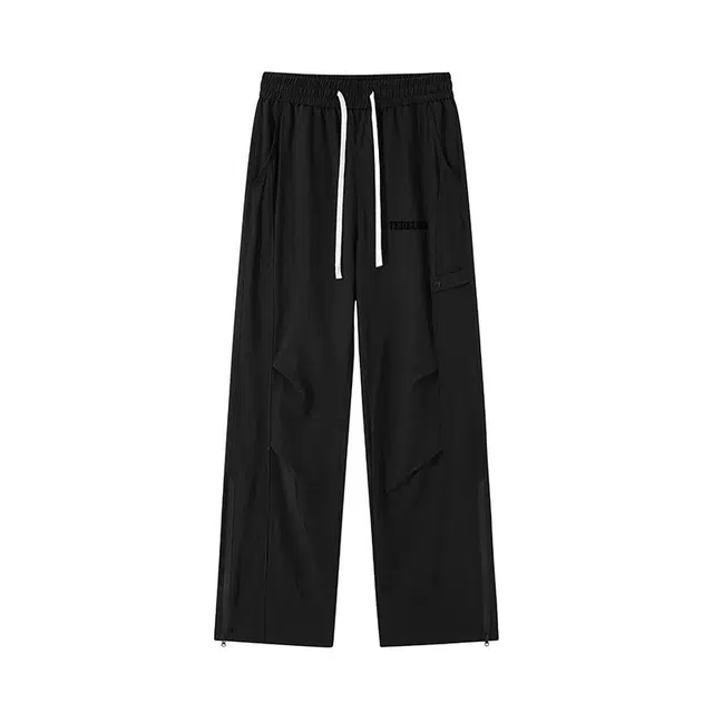 太子龍 拼色宽松直筒痞帅美式街头褶皱小众设计高级感基础款无性别主义抽绳系带工装裤 男款