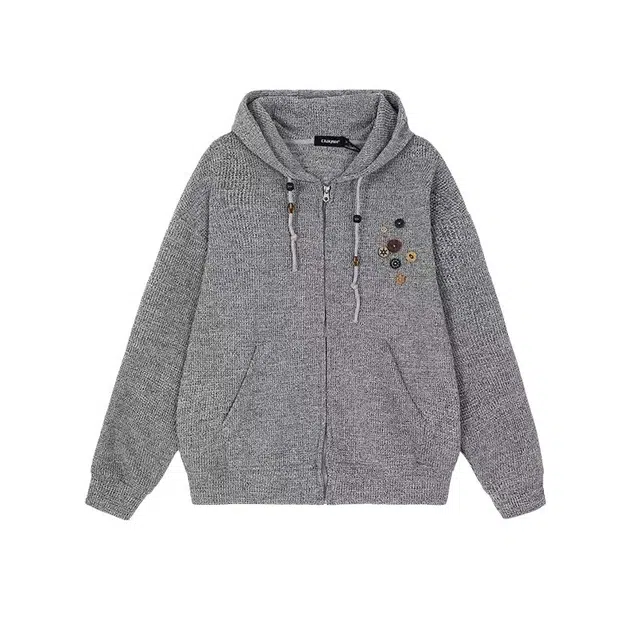 艾梵斯贝 美式复古潮流纯色纽扣针织连帽小众设计感无性别主义法式慵懒风日常通勤百搭宽松舒适休闲开衫卫衣 男女同款