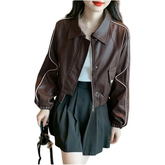 沐晓欣 美拉德女早春秋季翻领棒球服机车夹克皮衣 女款