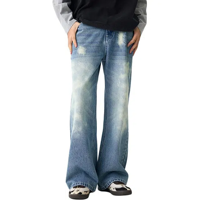 潮人榜 美式复古乞丐裤男士宽松直筒夏季垂感长裤不规则撕裂破洞牛仔裤 男女同款