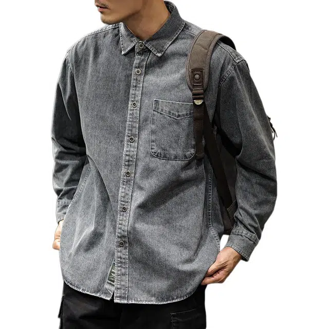 路杰邦 潮牌美式复古高街水洗做旧翻领工装口袋宽松休闲牛仔外套衬衫 男款