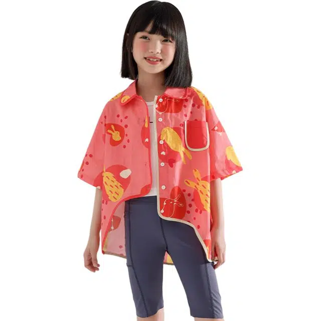 韩素伊上装 女童花衬衫儿童宽松短袖牛仔裤套装