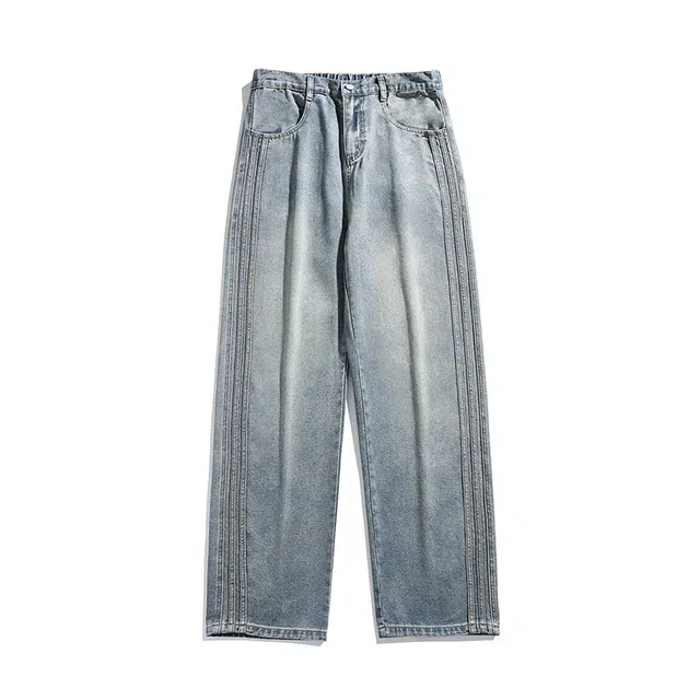 华夏儿女 美式潮流宽松耐磨水洗直筒长裤秋冬季高街潮牌休闲百搭牛仔裤 男款