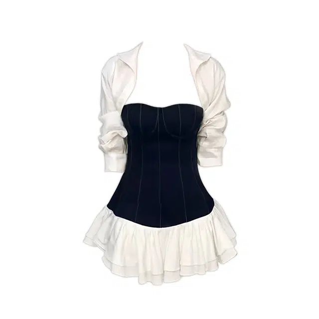 海獭 短款衬衫两件套女夏季纯欲修身荷叶边短裙辣妹撞色收腰抹胸无袖连衣裙 女款