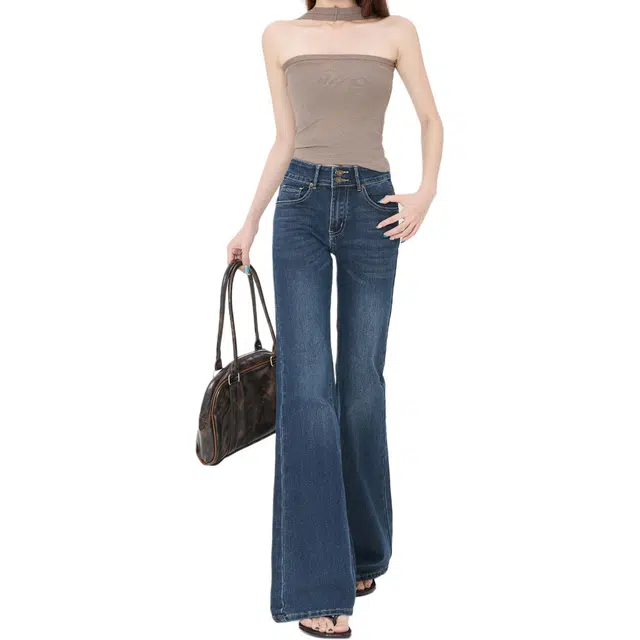 拾籍 美式复古修身微喇低腰提臀水洗时尚显瘦拖地喇叭裤牛仔裤 女款