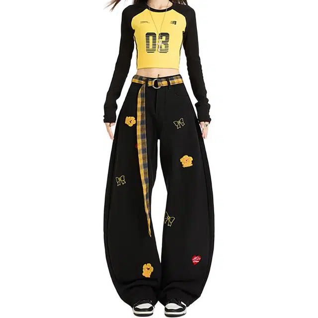 如续 美式辣妹刺绣卡通格纹女秋季宽松显瘦直筒休闲裤牛仔裤 女款