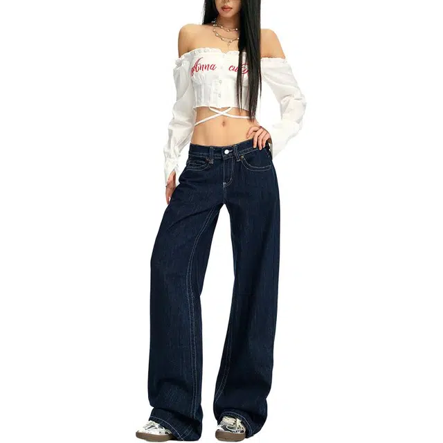 拾籍 复古原牛色辣妹低腰窄版宽松直筒裤女高级感百搭显瘦垂感牛仔裤 女款