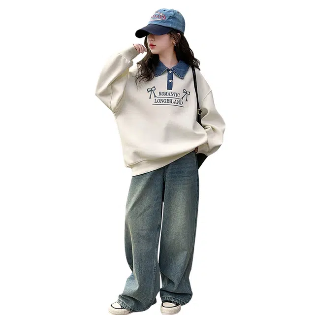 帕兰朵卫衣 加宽版蝴蝶结刺绣撞色牛仔领上衣 青少年