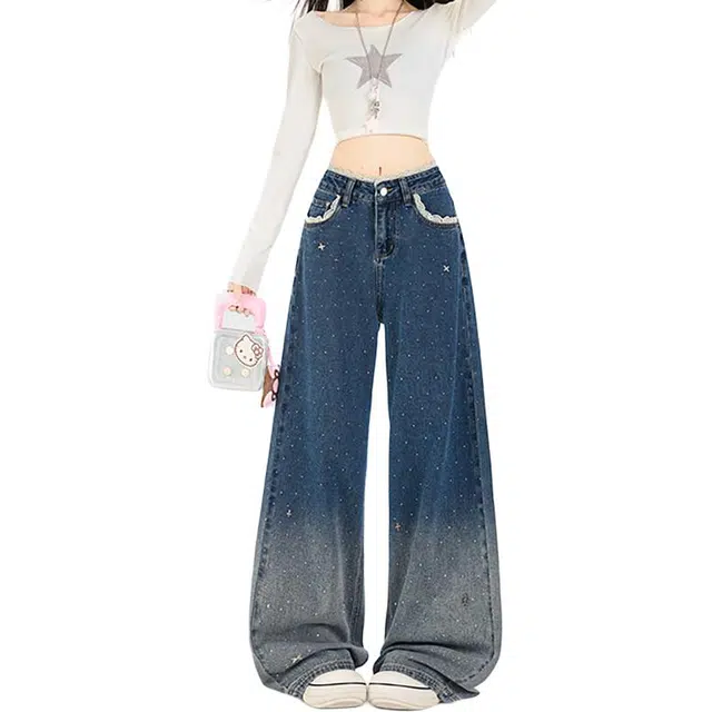 如续 早秋欧货女装水洗做旧磨白蕾丝边高腰烫钻直筒渐变色调高街风格牛仔裤 女款