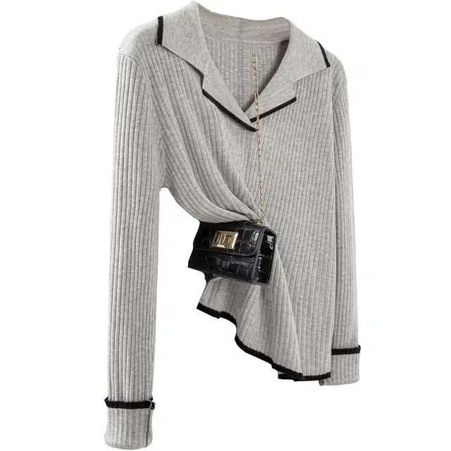 丝柏舍 撞色翻领套头短款修身通勤简约气质正肩长袖针织衫 女款