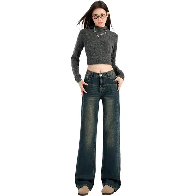 拾籍 复古设计百搭时尚宽松高腰垂感显瘦显高拖地裤牛仔裤 女款