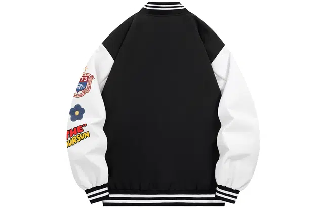 宜而爽  美式复古风创意仿刺绣花朵字母数字徽章图案印花设计拼接撞色外套宽松舒适休闲百搭落肩单排扣棒球服 男女同款