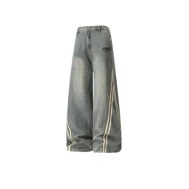 梓润格 美式复古条纹印花时尚百搭高街潮牌宽松垂感阔腿裤小众设计感基础简约休闲长裤牛仔裤 男女同款