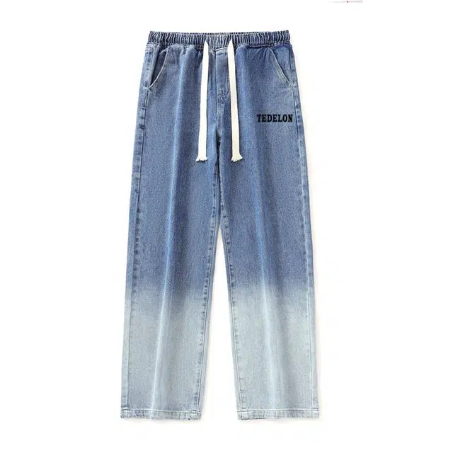 太子龍 美式高街渐变色水洗宽松休闲潮流百搭系带直筒牛仔裤 男款