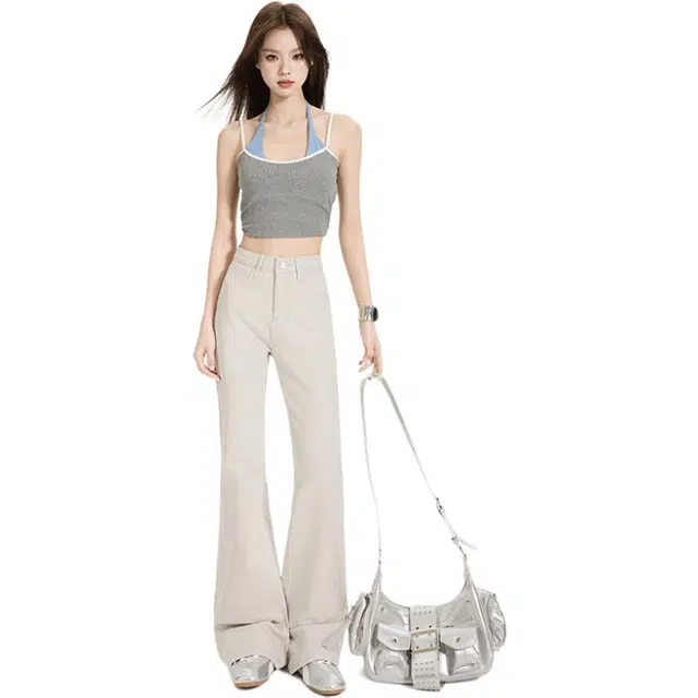 拾籍 时尚百搭休闲高腰修身显瘦弹力喇叭裤马蹄裤子牛仔裤 女款