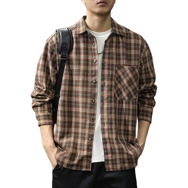 前进牛 美式休闲文艺风早秋青年打底叠穿格子衬衣外套宽松大码翻领上衣男高街痞帅潮流百搭长袖男士衬衫衬衫 男女同款