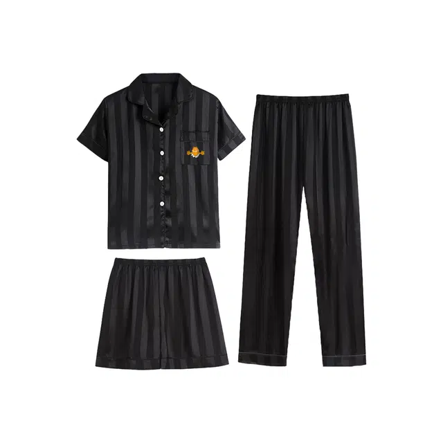 加菲猫家族 夏季柔软宽松冰丝三件套简约休闲青少年高级感丝绸家居服睡衣套装 男款