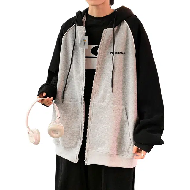 地界二 日系复古插肩袖开衫男生春秋季潮流简约宽松休闲运动连帽外套夹克 男款