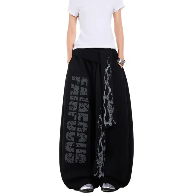柏黛妃 美式复古小众字母火焰飘带街头设计感宽松直筒阔腿裤休闲裤 女款