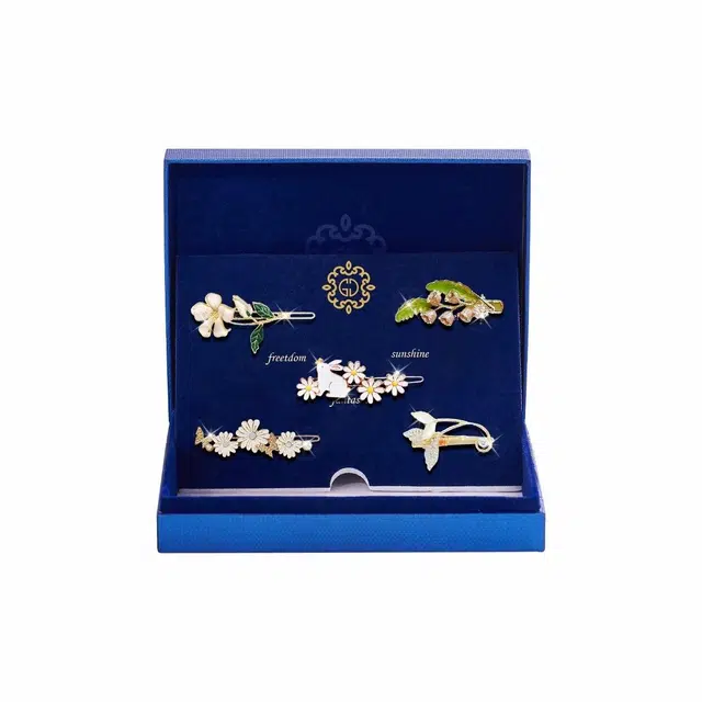 妖娆猫 森系可爱一字边高端礼盒侧边刘海夹发卡发饰套装五件套 合金 发夹 女款