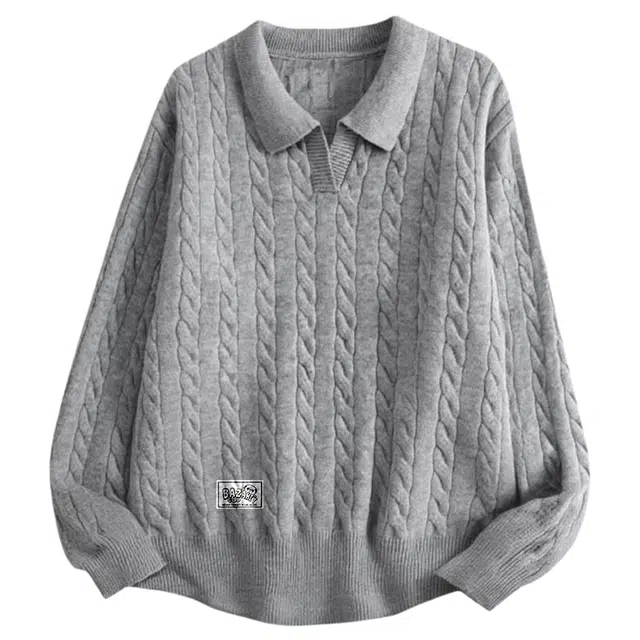 吾皇猫 原创美式复古高街简约基础款学院风翻领提花针织上衣慵懒风时尚贴布外套潮牌潮流百搭痞帅长袖毛衣 男女同款