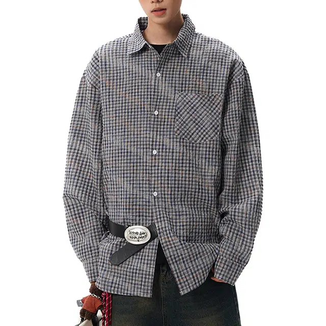 冈哉 泡泡纱多彩格子多巴胺设计美式复古潮流学院风高级感宽松休闲百搭舒适翻领长袖衬衫 男女同款