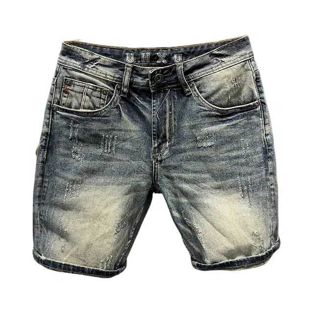 吉肯蒂 潮牌高端复古中裤夏季款刮烂修身青年五分裤百搭牛仔短裤 男款