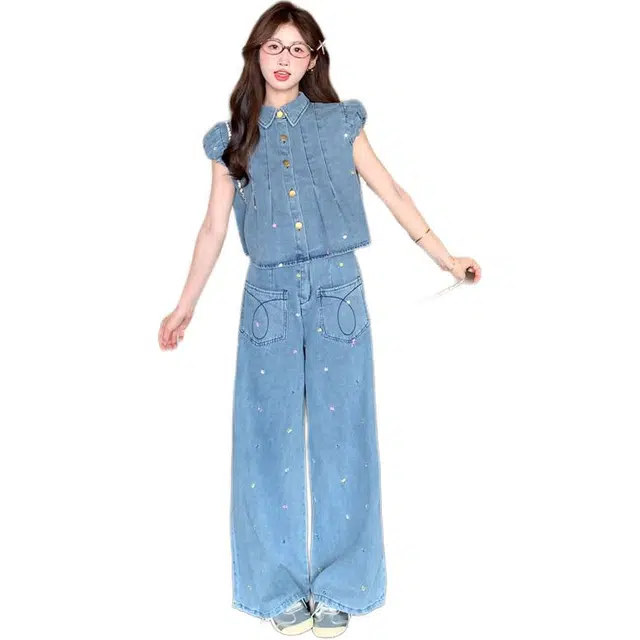 敲模女孩 韩系压褶上衣刺绣花朵高腰阔腿裤休闲套装 女款