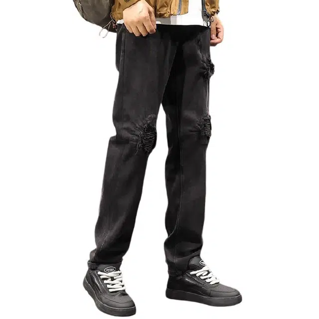 路杰邦  黑色破洞休闲直筒裤男秋季修身时尚百搭显瘦潮牌美式小脚长裤子牛仔裤 男款