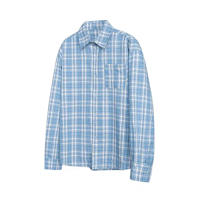 欧路得 少年感格纹外套潮牌美式休闲长袖古巴领衬衫 男款