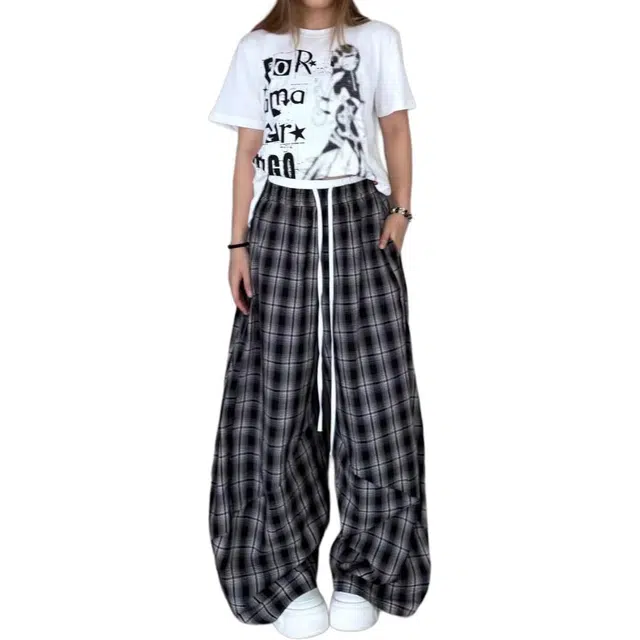 拓菲 慵懒感格纹弯刀裤夏季弛感阔腿裤宽松垂感休闲裤 男女同款