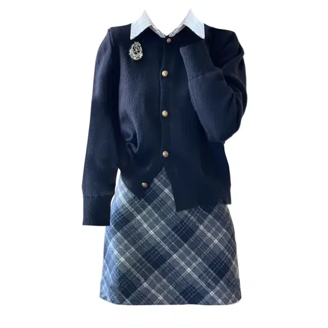 海獭 大码胖妹妹美式学院风假两件针织衫上衣搭配格纹短裙裙装套装 女款