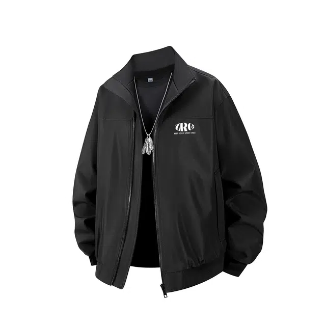 梓润格 美式高级宽松防风简约休闲日常百搭酷飒痞帅氛围感无性别主义时尚舒适拉链纯色字母青春潮流飞行秋季立领棒球服工装夹克 男女同款