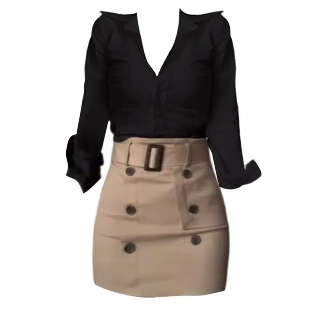 海獭 大码胖妹妹纯欲风韩女气质收腰衬衫纽扣设计包臀裙辣妹裙装套装 女款