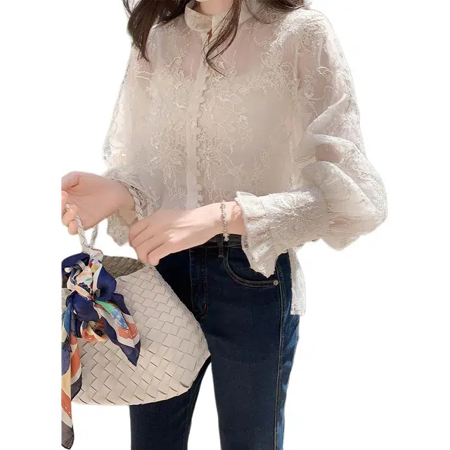美洋 立体花卉刺绣花瓣袖网纱衬衫 女款