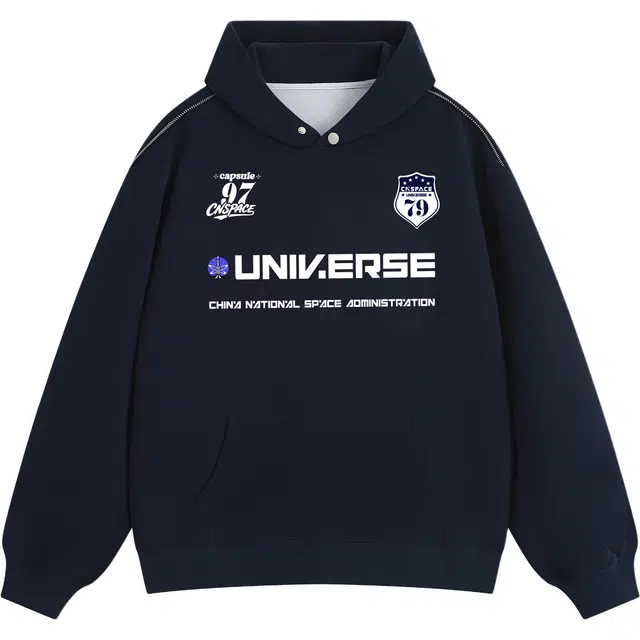 中国航天 美式复古嘻哈街头潮流肩部拉链拼接休闲时尚柔软舒适亲肤透气耐磨抗皱通勤百搭情侣落肩简约宽松重磅连帽卫衣 男女同款