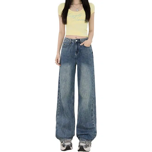 拾籍 复古时尚潮流百搭阔腿垂感宽松高街水洗拖地裤牛仔裤。 女款