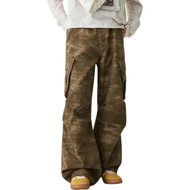 潮人榜 美式高街扎染迷彩多口袋工装长裤情侣款宽松春夏纯棉直筒休闲裤 男女同款