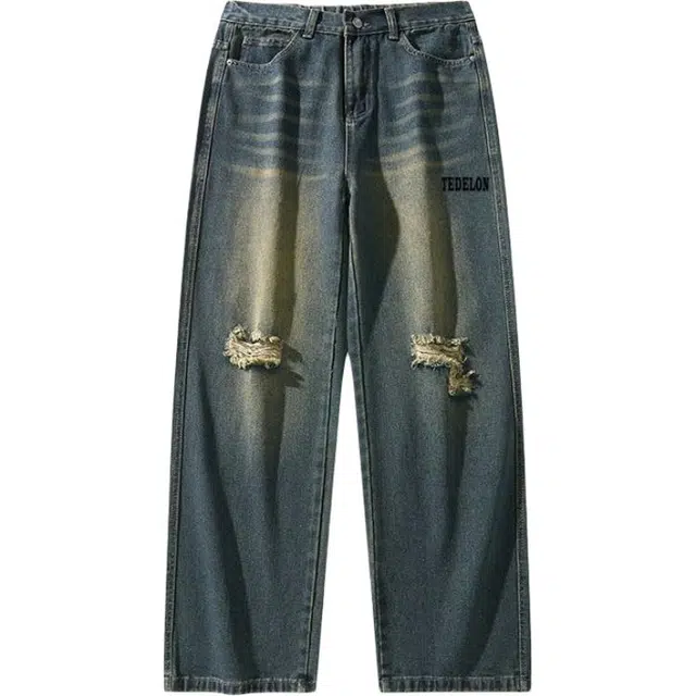 太子龍 美式复古高街做旧破洞设计潮流时尚百搭显瘦阔腿直筒牛仔裤 男款