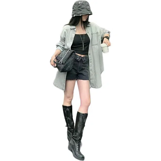 美洋 烟雾灰牛仔长绒棉衬衫 女款