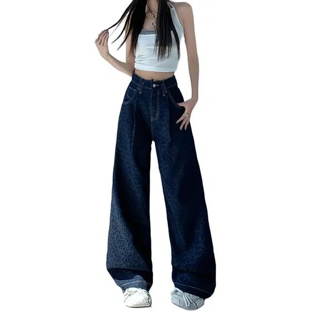 如续 如续摩登初夏满天星蓝软糯莱赛尔不掉色显瘦垂感复古风格阔腿裤牛仔裤 女款